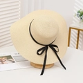 Beige straw sun hat with black bow ribbon and wide brim for summer beach vacation - Medium Brim Bow Beige