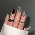 Long ballet press-on nails with black, silver glitter, and leopard print designs - Bz1466 Silver-edged Lip Texture / Jelly Glue + Nail File