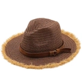 Chapeau fedora en raphia marron avec bord à franges jaunes et ruban en cuir - Bord Effiloché Brun