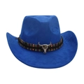 Royal blue wide brim fedora hat with ethnic band and silver bull skull ornament - Sapphire Blue