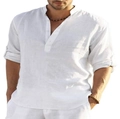 Detail of white cotton linen Henley shirt for men showing breathable fabric and casual fit - S / White
