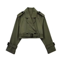 Legergroene korte trenchcoat voor dames met tailleriem en klassieke schouderbandjes - XS / Legergroen