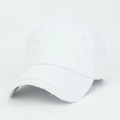 Detail of distressed white cotton baseball cap with vintage frayed holes and worn edges - White