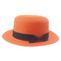 Detail of orange straw boater hat featuring a black grosgrain ribbon and side bow - Orange