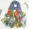 Long summer silk scarf with gradient lotus flower print for beach sun protection - Narcissus Fog Blue