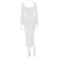 Elegante witte jurk met lange mouwen, trekkoorddetails en een hoge zijsplit voor dames - S / Wit