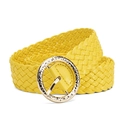 Yellow braided PU leather wide belt with a textured golden round buckle on white background - Yellow