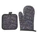 Black heat resistant kitchen glove and square pot holder set with white chef pattern - Black Chef Pattern