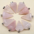 Set of ten rose quartz hexagonal cone pendants with silver metal loops and natural textures - Rose Quartz