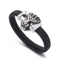 Pulsera punk de hombre con cabeza de león en cuero trenzado y cierre de acero plata - 19cm / Color Acero (KB150801-KFC)