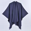 Deep blue hooded poncho wrap with side pockets and fringe hem for casual styling - Single Color with Pocket and Frayed Edge / Navy Blue