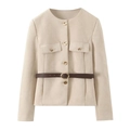 Women's beige faux suede blazer with gold buttons and dark brown waist belt - XS / Apricot