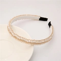 Baroque white headband with crystal beads and gold rhinestones on white dish - White