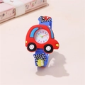Kids sports watch with red car dial, blue silicone strap and racing flag patterns - Blue