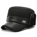 Men's winter wool flat cap with faux leather brim and plush ear flaps in black finish - Small Grid