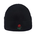 Classic black knitted beanie for men and women featuring a detailed red rose embroidery - Rose Embroidery / Black