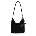 Black wool fabric hobo shoulder bag with a cute brown dachshund charm and bronze hardware - Black