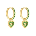 Close-up of S925 gold-plated hoop earrings with green zircon heart-shaped pendants - Gold Green Zirconia Pave Heart Pendant