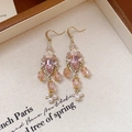 Pink crystal flower drop earrings with pearls and gold hook on a vintage display box - Pink 3D Flower Square Rhinestone Artificial Pearl Style (187# Silver Earring Post - Pink)