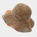 Chapeau de soleil en paille crochetée colorée pour femme avec large bord ondulé - Kaki / M (56-58cm)