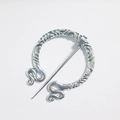 Silver Viking Celtic penannular brooch with serpent head design and twisted metal texture - D-990 Silver