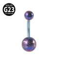 Blau-violetter Bauchnabelpiercing aus G23 Titan mit Wellenstruktur und Doppel-Zirkonia - 1.6x10x5x8mm / Blau Gemustert