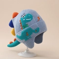 Light blue dinosaur knitted baby hat with ear flaps and orange 3D spike detail - Dinosaur Tail Single Hat - Light Blue