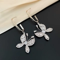 Silver butterfly drop earrings with sparkling clear zircons on elegant silk background - E6387 Silver Butterfly (Silver Needle)