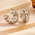 Exaggerated silver stainless steel C-shaped hoop earrings with zircons and hollow hearts - Hollow Rhinestone Silver Heart Style (F705)