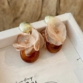 Vintage resin drop earrings with pink chiffon petals and golden striped studs - Gold Brown-Oval Yarn Flower (30#)