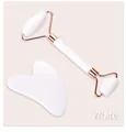 Gesichtsroller aus weißem Quarz und herzförmiges Gua Sha Set mit roségoldenen Akzenten - Weißer Doppelkopf-Roller und Gua Sha Brett (In Box)