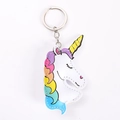 Detail shot of a white PU leather unicorn keychain with vibrant rainbow mane and silver ring - Rainbow Unicorn
