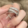 Silver open ring with layered cross bands and pink zircon heart flower accents - 38# Ring - Silver Cross Multi-layer