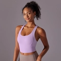 Vue avant du soutien-gorge de sport lilas sans couture avec larges bretelles pour yoga - Orchidée