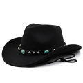 Chapeau de cowboy en feutre noir avec bande ornée de turquoise et corde de vent - M(56-58CM) Réglable / Noir