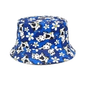 Detailed view of the vibrant blue kids sun hat with cute cow and daisy floral prints - 52-54cm / Blue