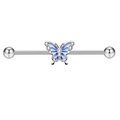 Silver industrial barbell with blue enamel butterfly and sparkling crystal stones - Industrial Barbell 38mm