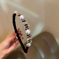 Elegant black flocked headband with pearl and rhinestone MIU letter detailing - MIU Letter Pearl Style (63#)