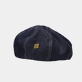 Detailweergave van donkerblauwe denim baret met witte contraststiksels en metalen C-logo - Donkerblauw / M (56-58cm)