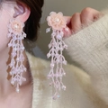 Elegante perzikkleurige bloem oorbellen met glinsterende kralen en zilveren pinnen - Lichtroze Bloem Lange Kralen Kwast (14# Zilveren Pin-Roze)