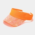 Close-up of bright orange sun visor hat with sparkling colorful rhinestone details - Adjustable / Orange