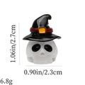Macro shot of 3D Halloween skull figurine with black wizard hat and dimensions info - Skull with Black Wizard Hat