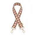 Detail of adjustable woven bag strap with geometric patterns and gold lobster clasps - V-26 Brown Pink Dots