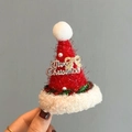 Single red sparkling Christmas hat hair clip with golden Merry Christmas pendant charm - Pearl Red & Green Stripes