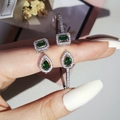 Silver open bracelet and ring set with green square zircon and pavé white crystals - Adjustable / Green
