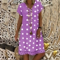 Detail of purple polka dot dress with V-neck and delicate white lace embroidery hem - S / Purple