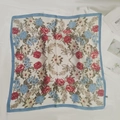 Elegant ivory square scarf with blue and red floral patterns and sky blue borders - Red And Blue Floral Small Square Scarf / 65