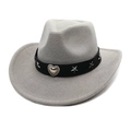 Detail of grey cowboy hat featuring a leather band with silver heart and star metal rivets - Light Gray