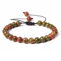 Adjustable 6mm red and green natural stone beaded bracelet with black woven cord - 6mm / Unakite
