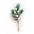 Christmas pick with flocked pine needles, white berries, and natural pinecone on twine stem - White Long Pine Needle Style / White